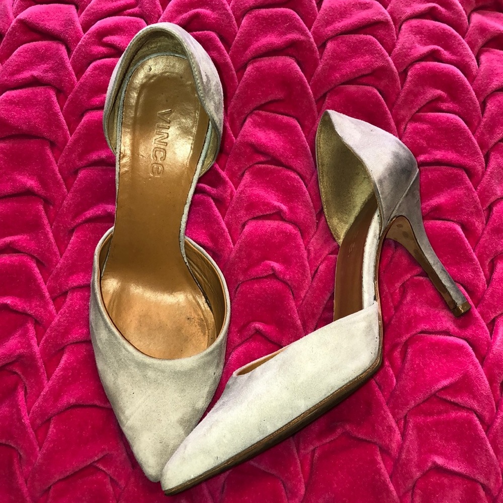 Vince Light Gray Suede D'Orsay Pointed Toe Heels